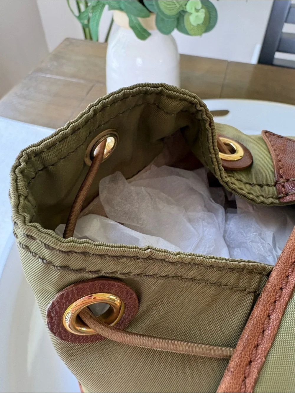 Tory Burch Olive Green Nylon Backpack with Brown Trim and 
